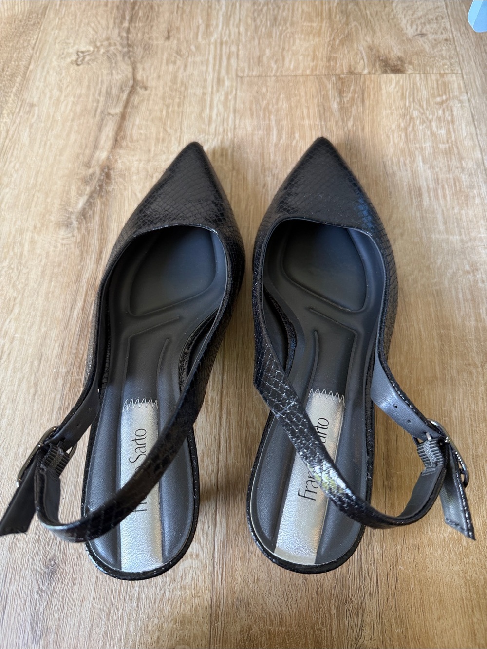 Franco Sarto Black Faux-Snakeskin Pointed Slingback Kitten Heels - Picture 2 of 7